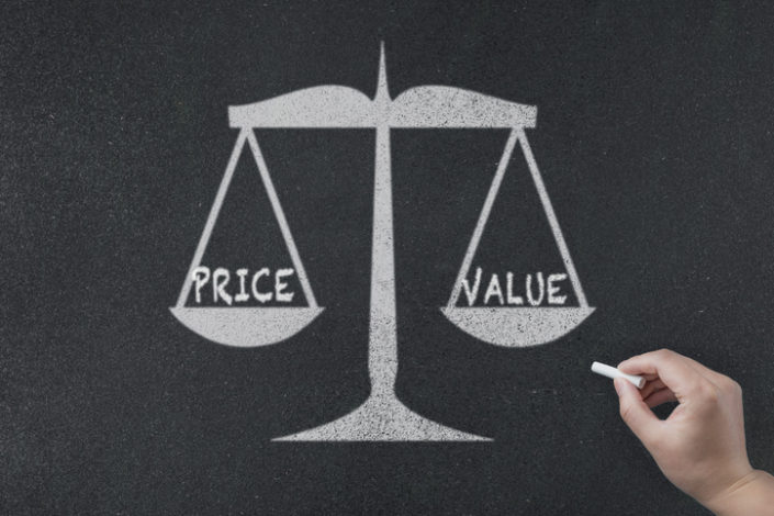 chalk drawing of scales with Price on the left scale and Value on the right scale balanced