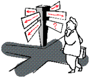 cartoon man looking at signpost