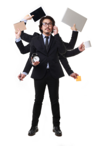 Businessman with multiple arms juggling many devices at once.