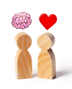 Two wooden figures with the image of the brain and heart.